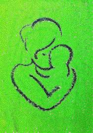 Een lijn tekening van een moeder met een baby tegen een groene achtergrond.